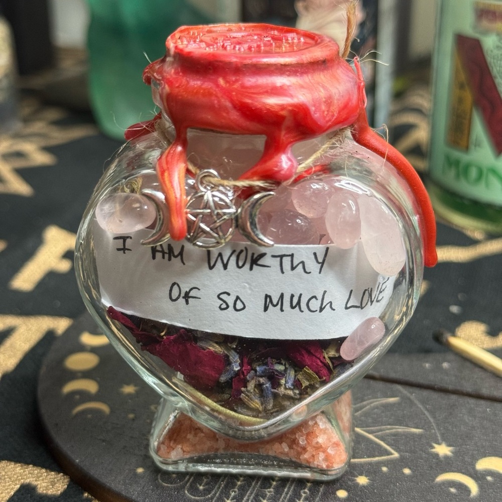 Heart-Shaped Glass Jar with Affirmation and Crystals